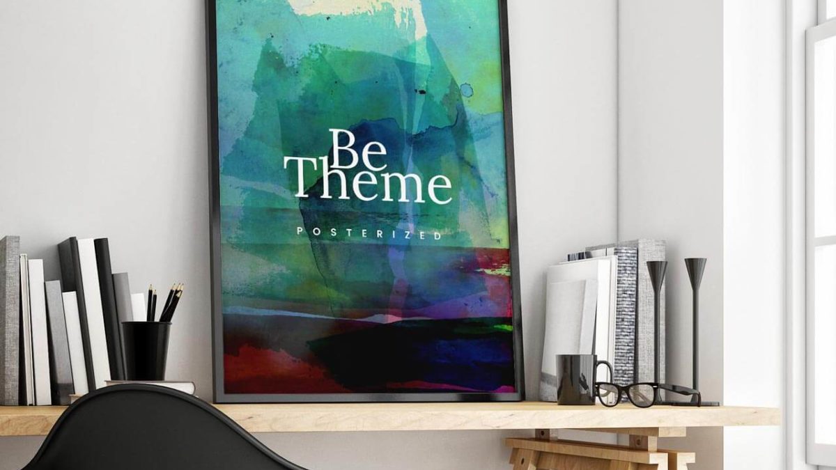 Colorful abstract poster on a desk.